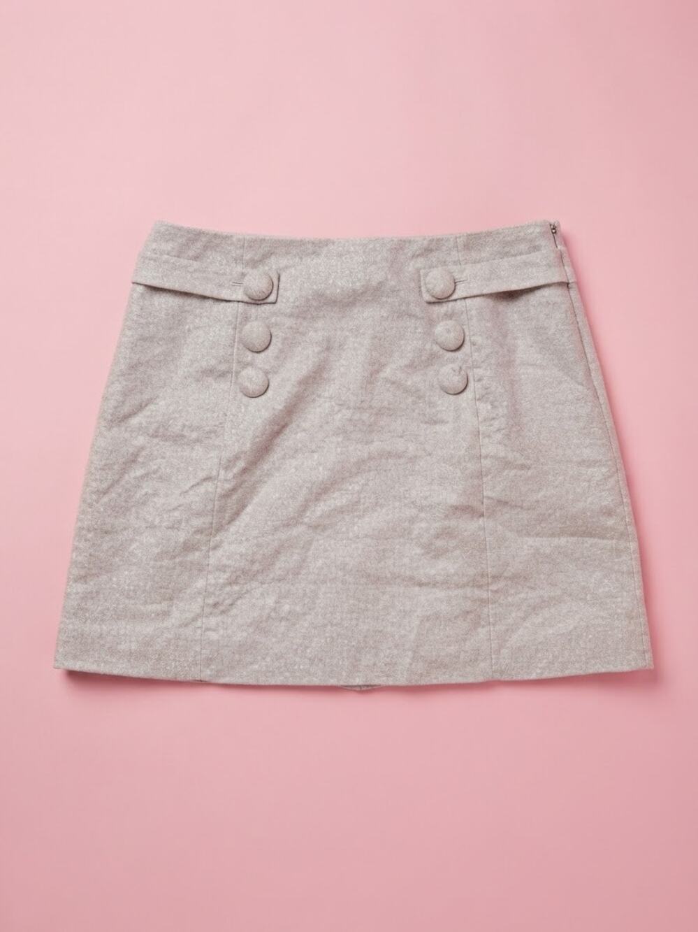 J.Crew Wool Blend Mini Skirt Metallic Beige Button Detail A-Line Size 8 Preppy